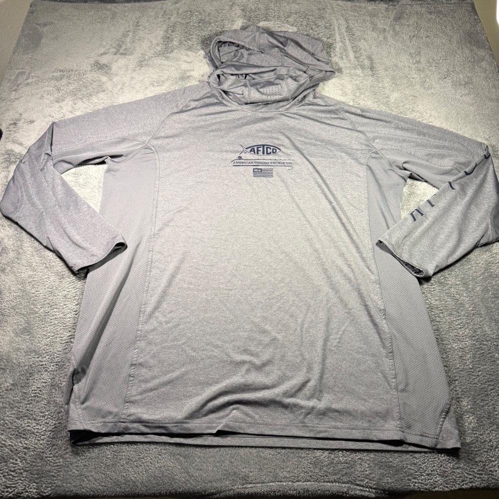 AFTCO Mens XXL Gray Sun Protection Hoodie Performance Fishing Shirt Long Sleeve